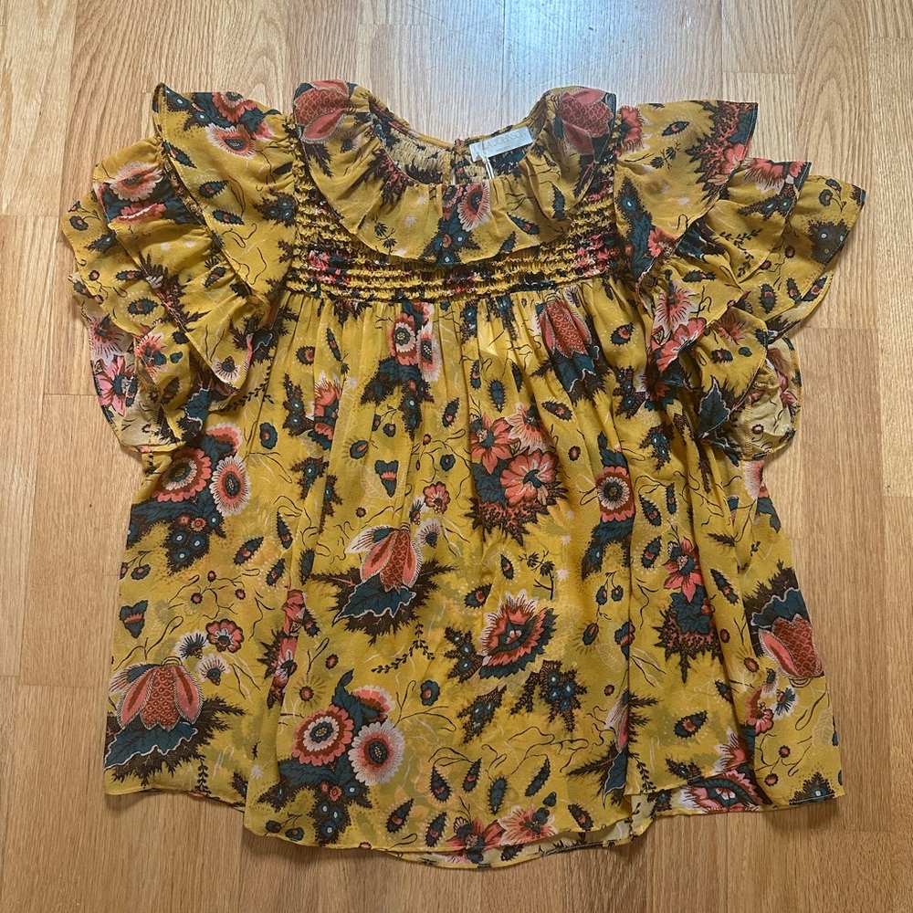 Ulla Johnson Mustard Floral Ruffle Top